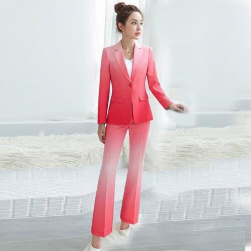 Casual temperament womens suits jacket high quality Autumn new slim gradient full sleeve blazer Female Slim Flare Pants Sets