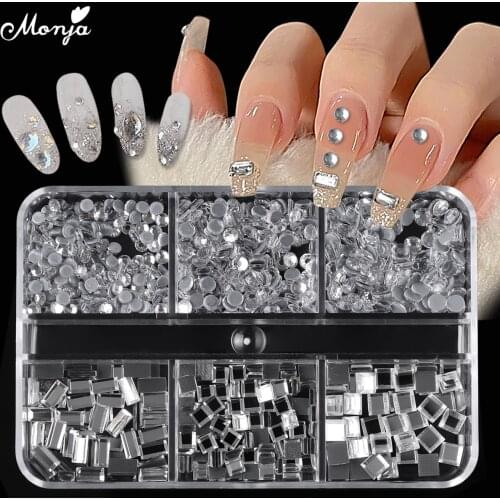 Monja 6 Grids/Box Clear Flat Square Nail Art Decoration AB Round Transparent Rhinestone 3D Charms DIY Manicure Accessories