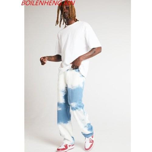 2021 Dropshipping Men Casual Loose Straight Denim Pants Tie Dye Print Sky Blue Long Trouser Straight Jeans
