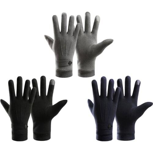 Men Winter Warm Touch Screen Faux Suede Gloves Plush Lining Knit Cuff Mittens 449B