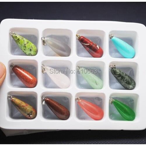 Box Stone Sets,12 Pieces /Lot,Nature Stone Pendant,Gem Stone Pendant Long Dropwater Shape,For Necklace Making,Size:11x25mm