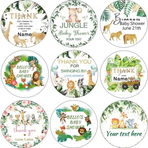 4.5cm Custom Stickers Baby Shower Stickers Jungle Animals Personalized Customize Name Date Text Zoo Birthday Party Favor Labels