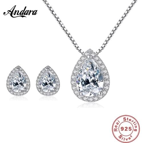 Real 925 Sterling Silver Jewelry Set Fashion Water drop Gem Clear CZ Stud Earrings Necklaces Set for Woman Jewelry Gifts