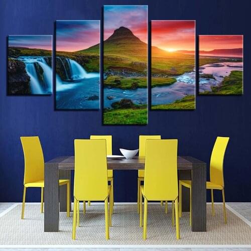 Customizable Sunrise Landscape Wall Painting Mountain Waterfall River Golden Sunrise Frameless Canvas Printing Decoration Poster