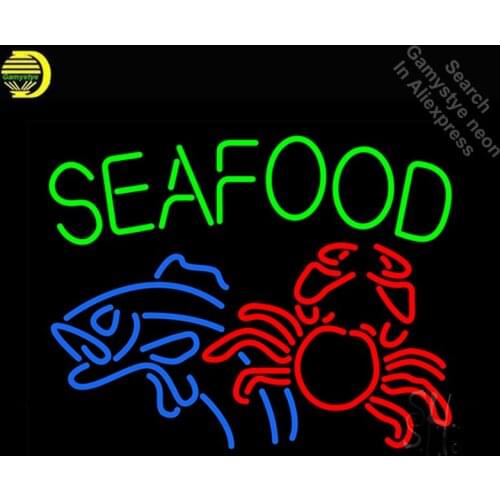 Neon Sign for Seafood Fish And Crab Neon Bulb sign handcraft Real Glass tube Decorate business Restaurant windows Dropshipping