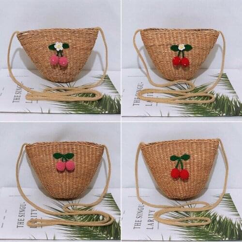2019 New Women Straw Storage Grocery Eco Bag Friendly Cherry Decoration Reusable Shopping Tote Messenger Bag