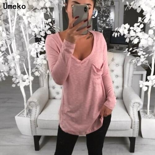 Umeko 2020 New Fashion Solid Deep V-neck Pocket Thin Long Sleeve Bottoming Shirt Cusual Women Clothing Top for Women Tops Full