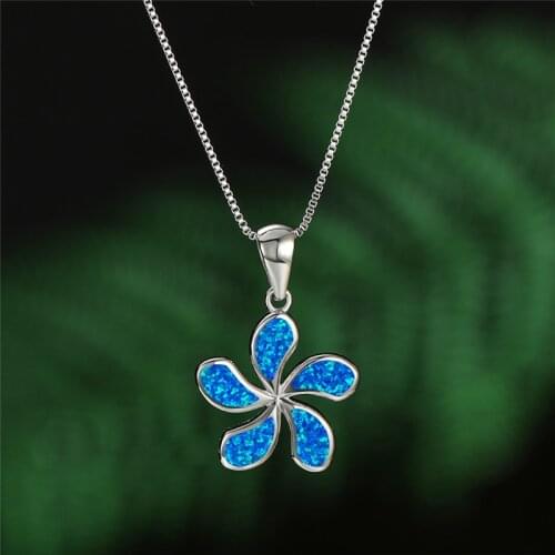 Classic Silver Color Chain Necklace Charming Flower Bridal Wedding Necklace Fashion Female Blue Opal Pendant Necklaces For Women