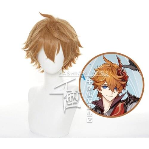 New Genshin Impact Tartaglia Cosplay 30cm Short Christmas Brown Wig Cosplay Anime Wigs Heat Resistant Synthetic Wigs Halloween