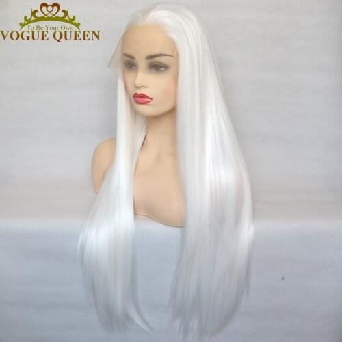 Vogue Queen Platinum White Synthetic Lace Front Wig Long Straight For Women Heat Resistant Fiber Natural Hairline Cosplay Wigs