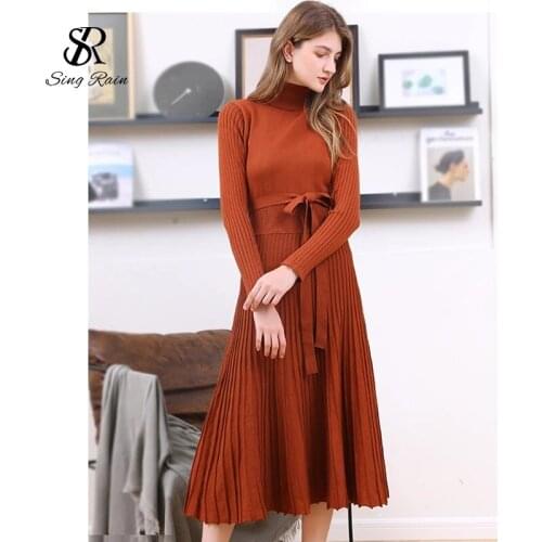 SINGREINY Autumn Women Thick Sweater Dress Winter Turtleneck Long Knit Vestidos Long Sleeves Elastic Pleated Knitted Warm Dress