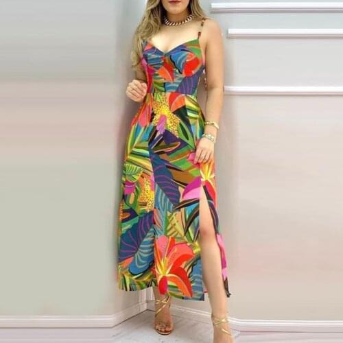 Colorful Print Women Spaghetti String Slit Long Dress Sexy Backless Pullover Ladies Party Dress Summer Femme Streetwear Vestidos