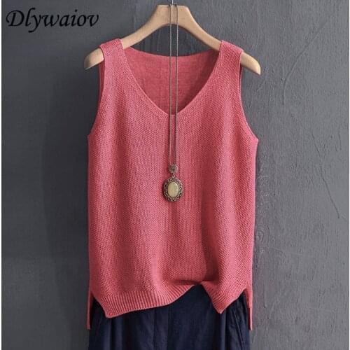 Thin Camisole 2021 Summer Sleeveless Knit Sexy Tanks Women Rib Vest Ice Silk Female Elasticity Casual Loose V Neck Split Tops