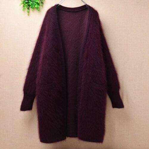 Elegant fashion ladies women wine fuzzy hairy mink cashmere long loose cardigans mantle angora rabbit fur knitted jacket coat