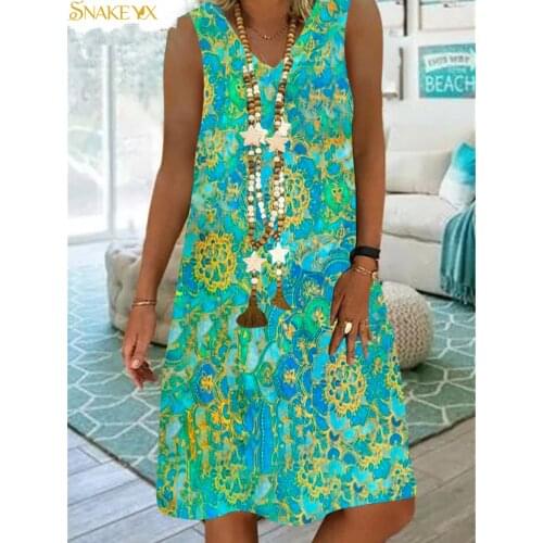 Womens Summer Dress 2021 Vintage Geometry Printed Sleeveless Casual V-neck Loose Soft and Super Lightweight Beach Dress