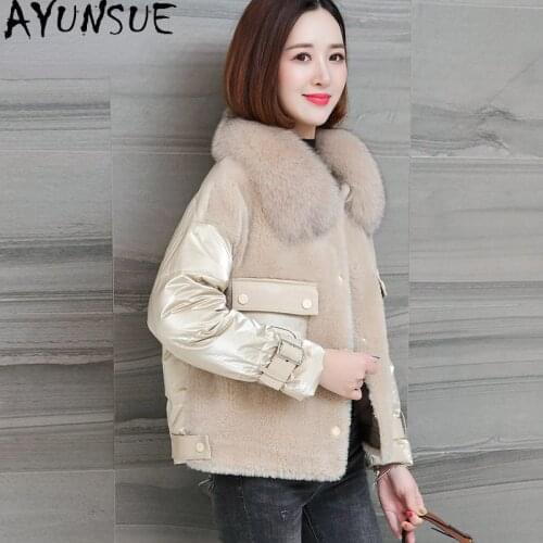 AYUNSUE Winter 100% Sheep Shearling Coat Female 2021 Real Fox Fur Collar Coats Women White Duck Down Jacket Manteau Femme Gxy206