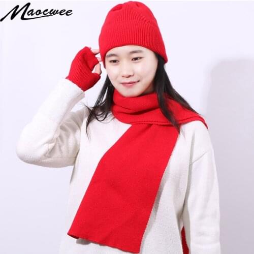 Rabbit Hair Beanie Hat Scarf And Gloves Set For Women Men WinterThree Pieces Solid Color Knitted Warm Soft Bonnet Scarf Mittens