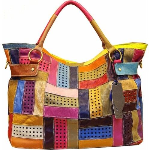 2021 New Genuine Leather Colorful Patchwork Women Casual Tote Bag Ladies Large Capacity Fashion Vintage Panelled Cowhide Handbag