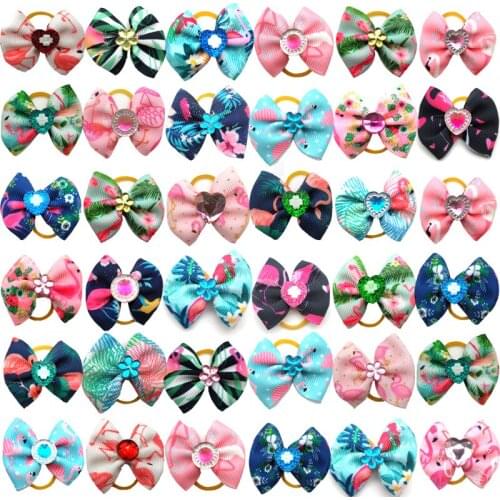 50 Pcs New Pet Dog Hair Bows Rubber Bands Handmade Flamingo Rhinestone Puppy Dog Hair Bows Pet Supplies Dog Accessories