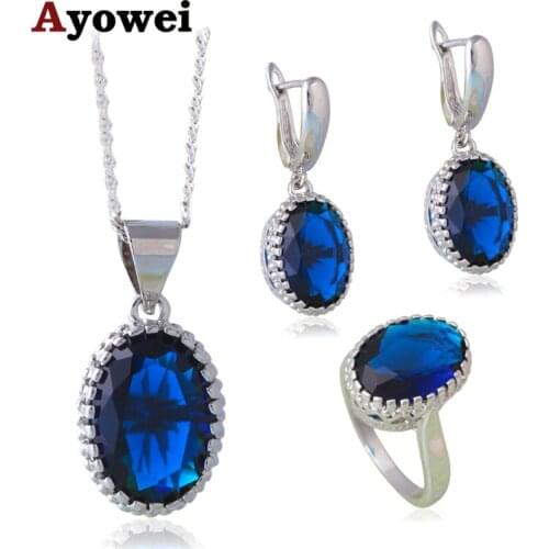 Ayowei Blue Saphire Fashion Jewelry Sets for Women Silver Stamped CZ Earrings Necklace Ring Sz #6#7#8#9#10 JS651A