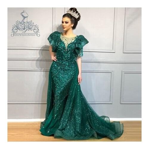 Sparking Sequin Beaded Tulle Mermaid Prom Dress With Detechable Train Pretty Tassel Ruffles Long Dubai Prom Gowns Formal Dresses
