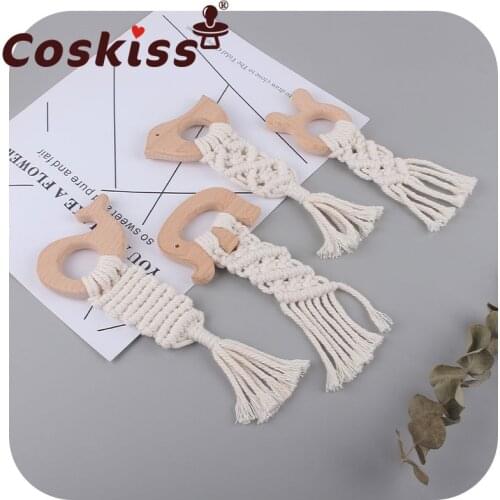 Coskiss Handmade Tassel Cotton Rope Beech Teether Chewable Baby Molars Wooden Teether Teething Ring Baby Care Products Bite Glue