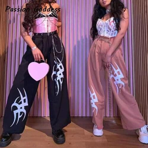 Harajuku Women High Waist Wide Leg Pants Printed Loose Pink Trousers Pantalon Black Gothic Baggy Pants Streetwear Femme