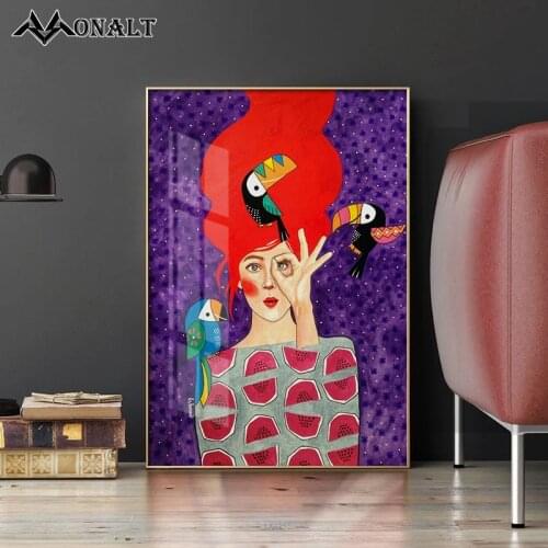 Hand Drawing Illustration Girl Korean Colorful Flowers Long Hair abstract Girl Bedroom Decoration Painting Canvas Print Poster