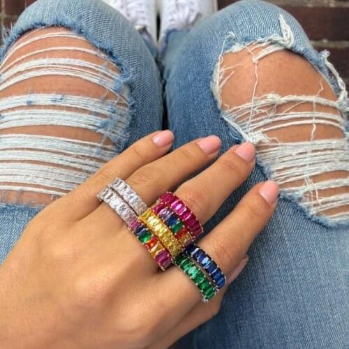 Charm Rhinestone ins Jewelry CZ Gold Lady Rainbow Rings Square Crystal Wedding Engagement Ring femme Women For Ring Party Gift