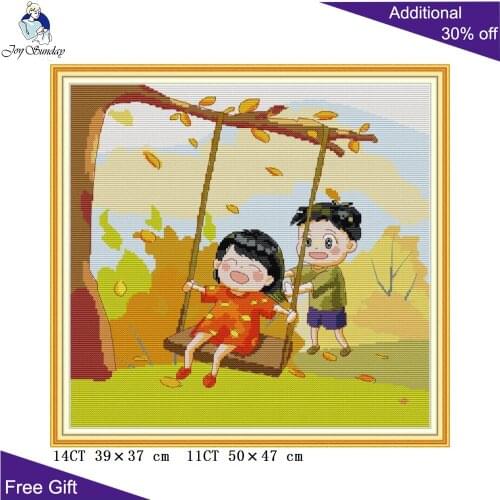 Joy Sunday Swing KB076 14CT 11CT Counted and Stamped Home Decor Swing Boy And Girl Needlework Needlepoint DIY Cross Stitch kits