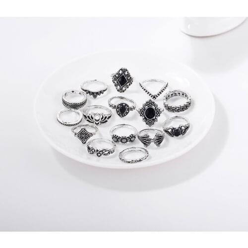 KENSHELLEY Trend Retro Cut Out Lotus 15 Piece Set Ring With Black Gem Joint Set Ring