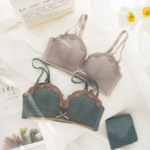 Roseheart Women Fashion Green Padded Lace Bow Trim Straps Bras Cotton Panties Push Up Bra Set Sexy Lingerie Set Underwear