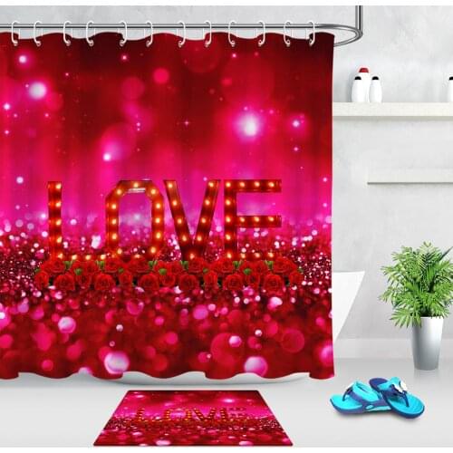 Red Shower Curtain Rose Valentines Day Decorative Shower Curtain Mat Romantic Theme Bathroom Accessories Shower Curtain Rug