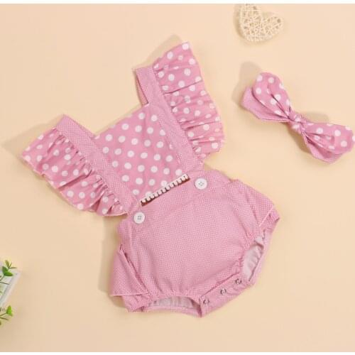 Summer Baby Girl Lace Ruffles Romper Dots Lovely Pink Jumpsuit High Waist Hollow Fly Sleeve Side Pocket Toddler Infant Clothes
