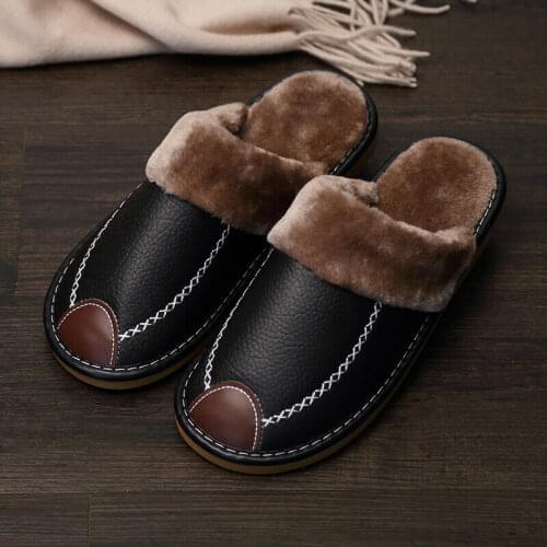 2021 Hot Men Home Slippers Winter Warm Leather Indoor Flats Comfy Close Toe Flattie