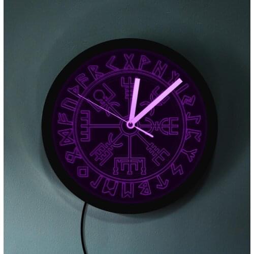 Vikings Symbol Runes 3D Large LED Neon Wall Clock Vegvisir Compass Viking Scandinavian Backlight Nightlight Watch Glow in Dark