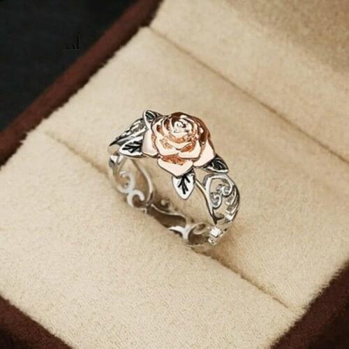 New Two-tone Rose Stamen Ring Female Ins Hollow Flower Engagement Wedding Ring Simple Fashion Student Hand Jewelry