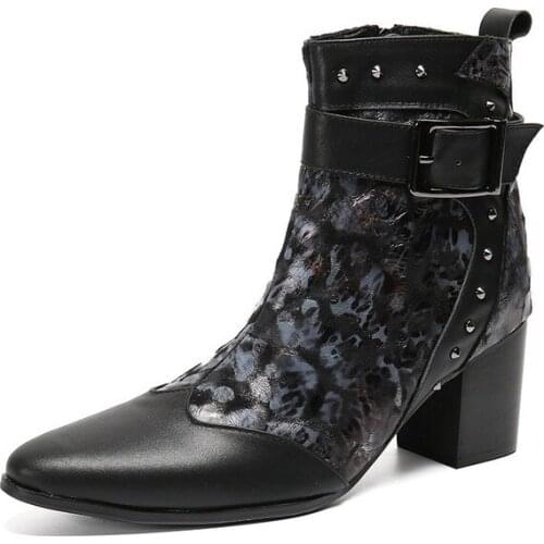 New Luxury Brand Pluse Size High Heels Rivets Leather Western Cowboy Boots Studded Black Military Boots Dress Shoes Italian Man