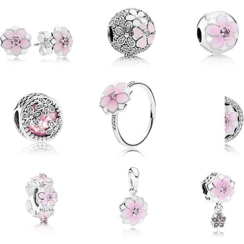 NEW Magnolia Series 100% 925 Sterling Silver Flower Pink Charm Clip Pendant Orchid Earrings Bracelet DIY Jewelry Free Shipping
