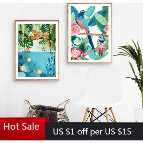 Jungle Tiger Posters and Prints Abstract Colorful Birds And Fish Wall Decor Art Canvas Painting Picture Home Aesthetic Room Deco