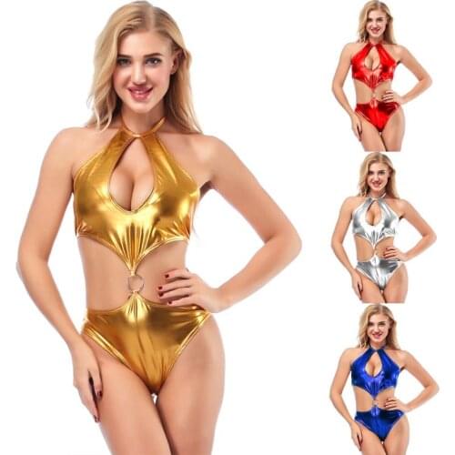 Sexy Women Shiny Metallic Leotard Bodysuit Cut Out Bust Strappy Thong Teddy Night Clubwear Pole Dance Wear Swimwear Costume