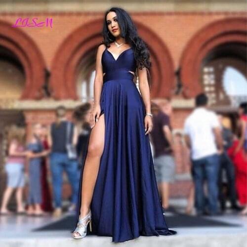 Sexy Prom Dresses V-Neck A-Line Navy Blue Satin Prom Gowns Side Slit Girls Graduation Dress Long Formal Evening Dress