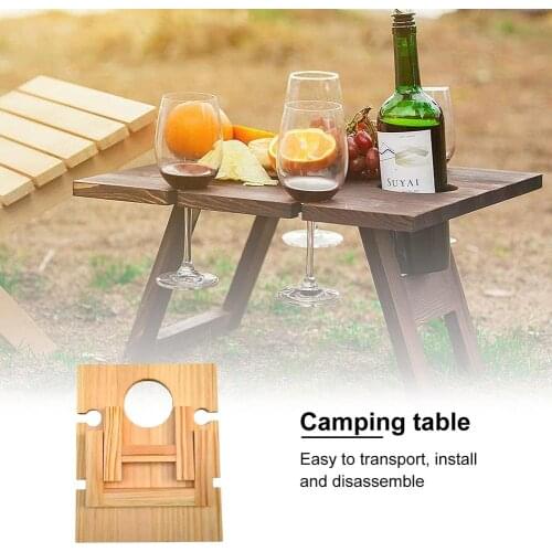 Outdoor Glamping Picnic Table With Wood Wine Rack Folding Portable Camping Wood Table Glass Storage Holder Protector