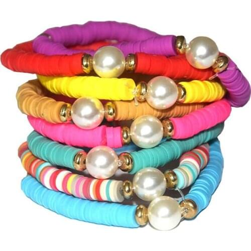 6mm Colorful Polymer Clay Strand Bracelet Stack Rainbow Vinyl Disc Bead Surfer Stretch Bracelet Summer Beach Bracelet Jewelry