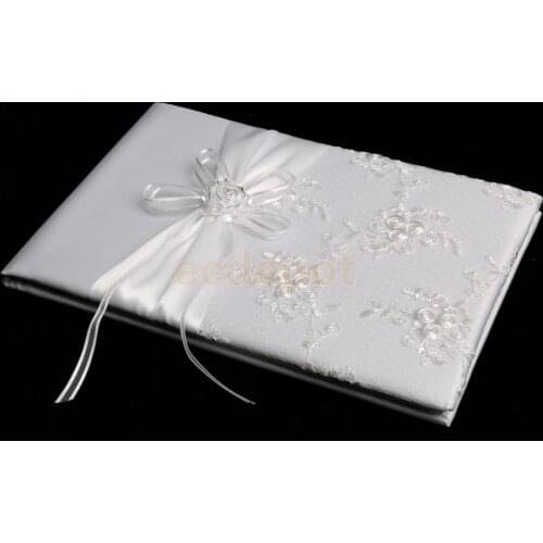 Wedding Reception Satin Rose Flower Embroider Guest Book Signatures White