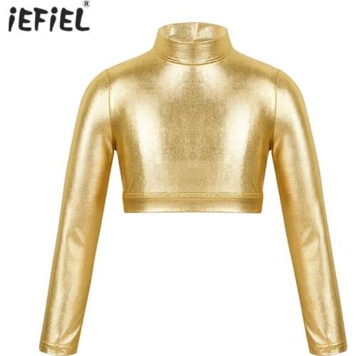 2019 Fashion Kids Girls Long Sleeve Crop Top T-Shirts Mock Neck Glossy Metallic Tops Crop Top Fitness Dancwear Stage Performance
