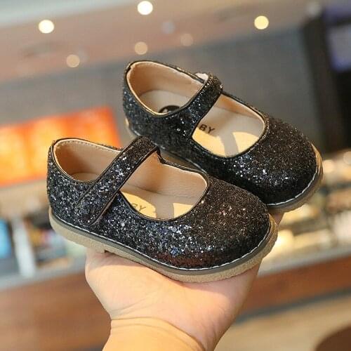 Girls Party Shoes For Wedding Glitter Fabric Shiny Childrens Leather Shoes Kids Mary Janes Black Silver Flats Soft Princess Hot