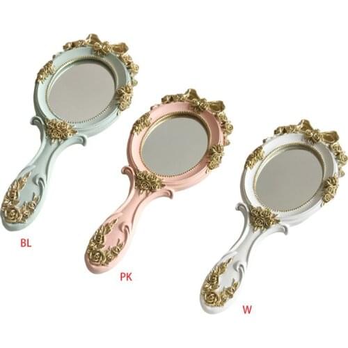European Palace Style Vintage Handheld Roses Mirror Princess Women Girls Oval Vanity Makeup Cosmetic Tool with Anti-Slip Handle