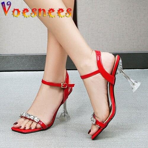 Voesnees 2021 Summer Candy Color Women Diamond Sandals Summer New Concise One Word Band Wedding Party High Heels Shoes Size 41