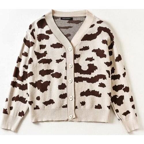Fall And Winter Womens Fashion V-Neck Leopard Print Knit Cardigan Single-Breasted Printed Casual Sweater